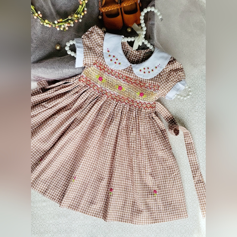 Brown Plaid Smocked Embroidered Toddler Girl Dress. Summer  Smocked Dress. 4T